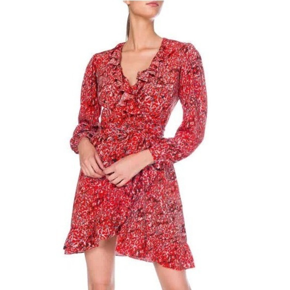 Maje Rosetto Wrap Mini Dress Women 1 Small Red Leopard Ruffle Romantic Feminine